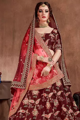 Maroon Stone Embroidered & Sequins Silk Blend Semi Stitched Lehenga Set