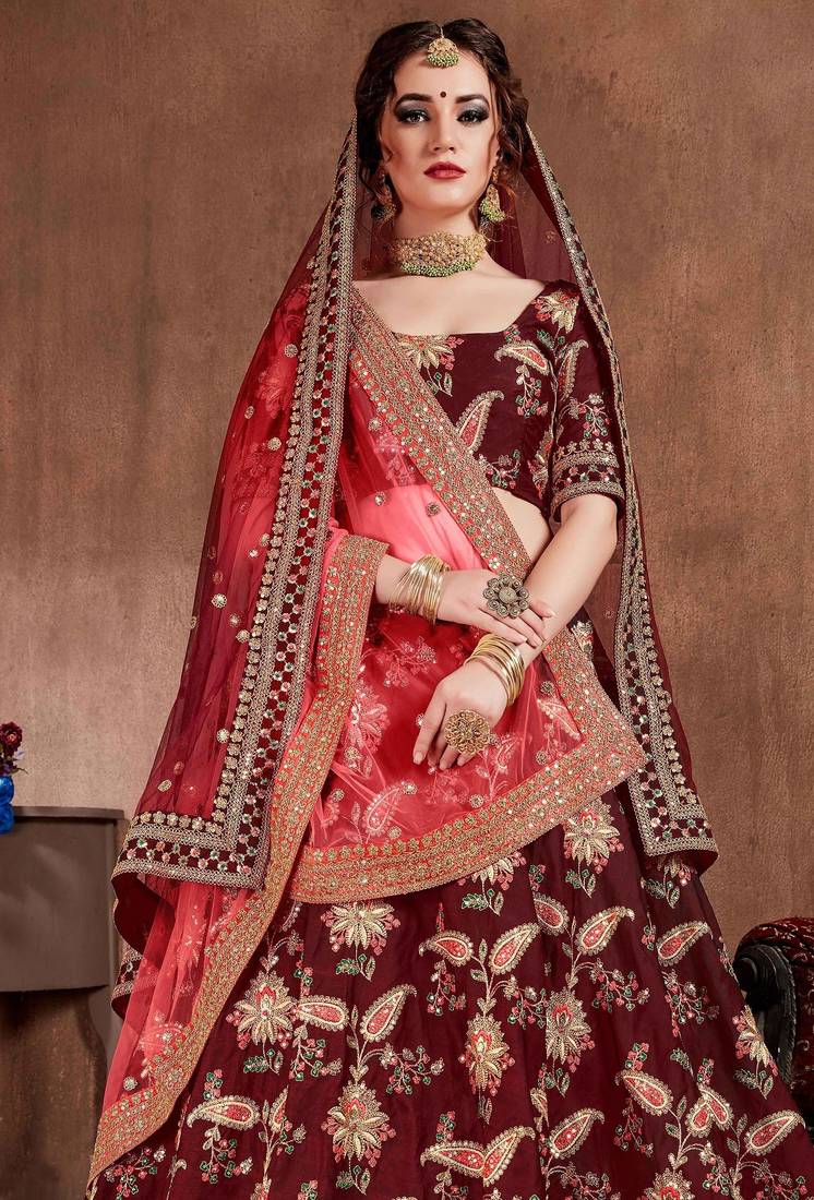 Maroon Stone Embroidered & Sequins Silk Blend Semi Stitched Lehenga Set