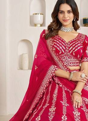 Rani Pink Designer Embroidery With Hand Work Silk Blend Semi Stitched Lehenga Set 4