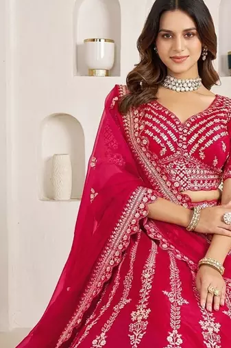 Rani Pink Designer Embroidery With Hand Work Silk Blend Semi Stitched Lehenga Set