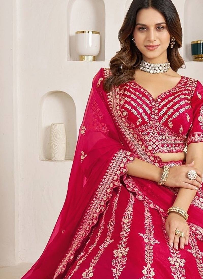 Rani Pink Designer Embroidery With Hand Work Silk Blend Semi Stitched Lehenga Set