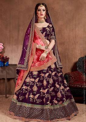 Purple Stone Embroidered & Sequins Silk Blend Semi Stitched Lehenga Set 1