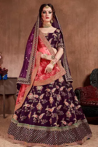 Purple Stone Embroidered & Sequins Silk Blend Semi Stitched Lehenga Set