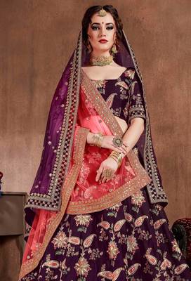 Purple Stone Embroidered & Sequins Silk Blend Semi Stitched Lehenga Set 2