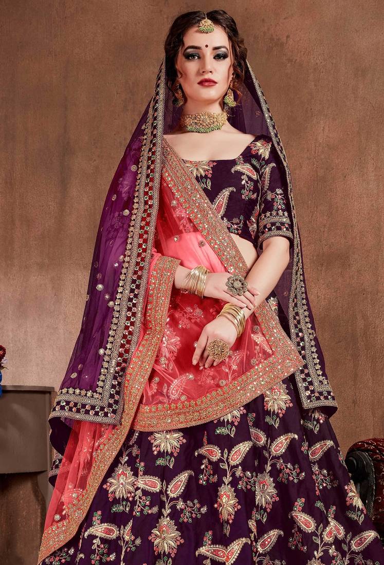 Purple Stone Embroidered & Sequins Silk Blend Semi Stitched Lehenga Set