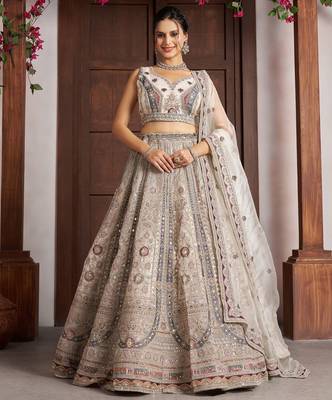 White Designer Embroidery With Hand Work Net Semi Stitched Lehenga Set 1