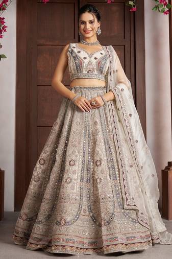 White Designer Embroidery With Hand Work Net Semi Stitched Lehenga Set