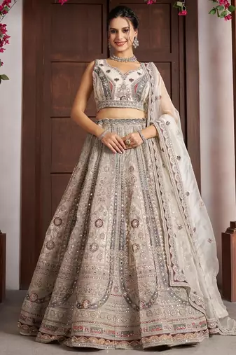 White Designer Embroidery With Hand Work Net Semi Stitched Lehenga Set