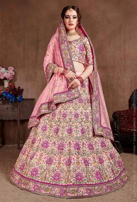Pink Stone Embroidered & Sequins Silk Blend Semi Stitched Lehenga Set 1