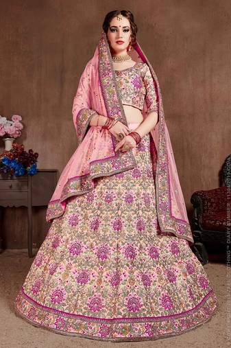 Pink Stone Embroidered & Sequins Silk Blend Semi Stitched Lehenga Set