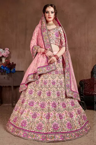 Pink Stone Embroidered & Sequins Silk Blend Semi Stitched Lehenga Set
