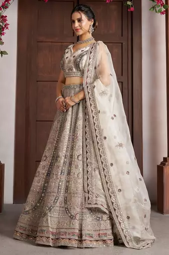 White Designer Embroidery With Hand Work Net Semi Stitched Lehenga Set
