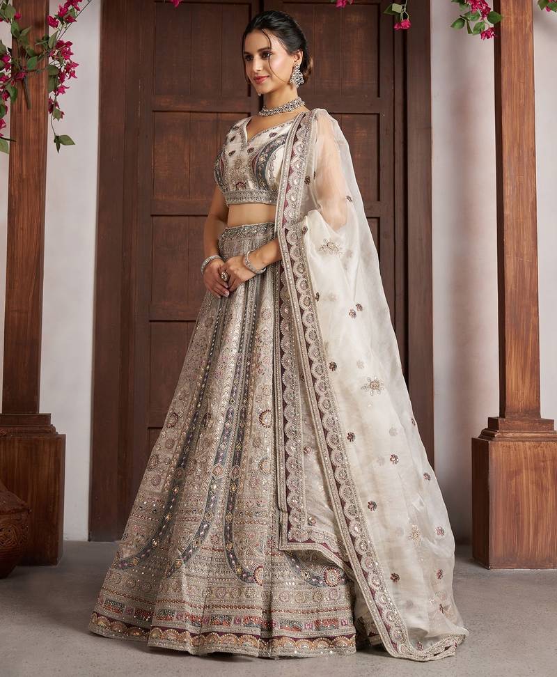 White Designer Embroidery With Hand Work Net Semi Stitched Lehenga Set