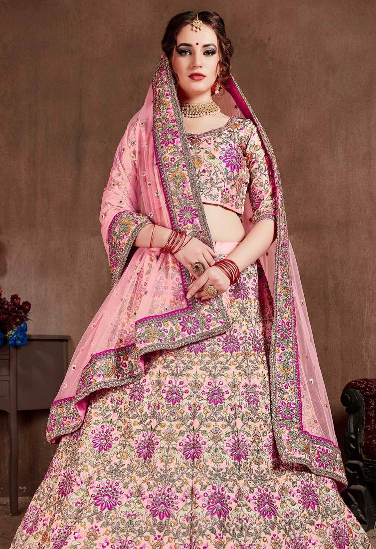 Pink Stone Embroidered & Sequins Silk Blend Semi Stitched Lehenga Set
