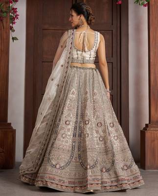 White Designer Embroidery With Hand Work Net Semi Stitched Lehenga Set 3