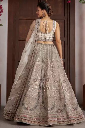 White Designer Embroidery With Hand Work Net Semi Stitched Lehenga Set