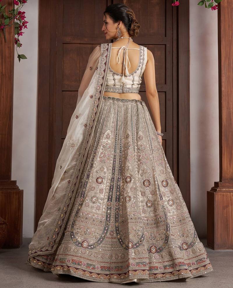 White Designer Embroidery With Hand Work Net Semi Stitched Lehenga Set