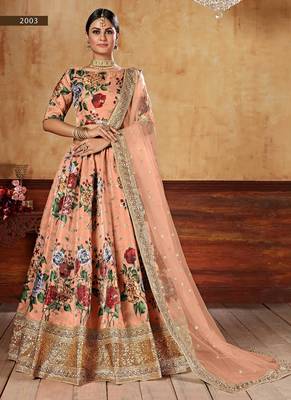Peach Print Embroidered & Stone Work Silk Blend Semi Stitched Lehenga Set 1