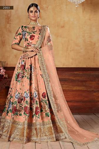 Peach Print Embroidered & Stone Work Silk Blend Semi Stitched Lehenga Set
