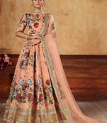 Peach Print Embroidered & Stone Work Silk Blend Semi Stitched Lehenga Set