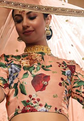 Peach Print Embroidered & Stone Work Silk Blend Semi Stitched Lehenga Set 2