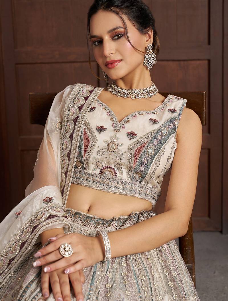 White Designer Embroidery With Hand Work Net Semi Stitched Lehenga Set