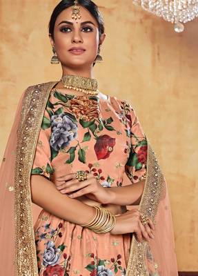 Peach Print Embroidered & Stone Work Silk Blend Semi Stitched Lehenga Set 3