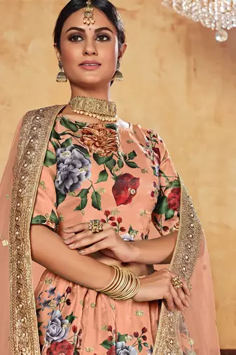 Peach Print Embroidered & Stone Work Silk Blend Semi Stitched Lehenga Set