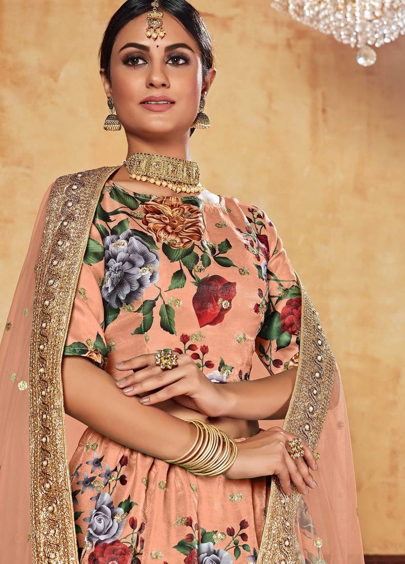 Peach Print Embroidered & Stone Work Silk Blend Semi Stitched Lehenga Set