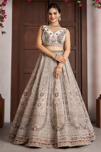 White Designer Embroidery With Hand Work Net Semi Stitched Lehenga Set