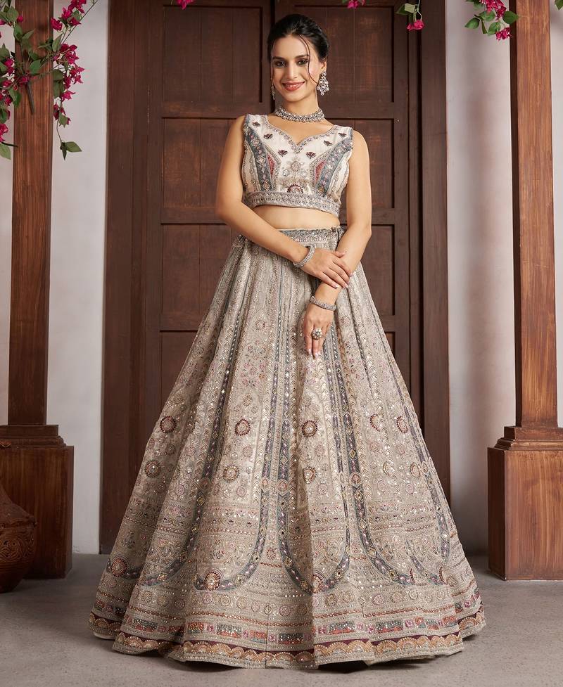 White Designer Embroidery With Hand Work Net Semi Stitched Lehenga Set