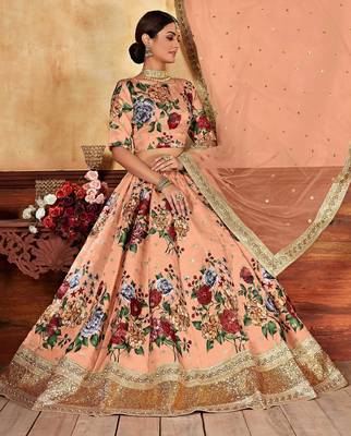 Peach Print Embroidered & Stone Work Silk Blend Semi Stitched Lehenga Set 4