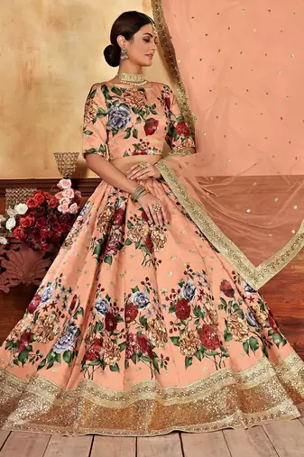 Peach Print Embroidered & Stone Work Silk Blend Semi Stitched Lehenga Set