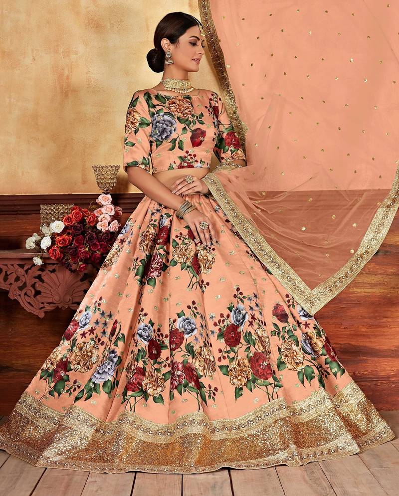 Peach Print Embroidered & Stone Work Silk Blend Semi Stitched Lehenga Set