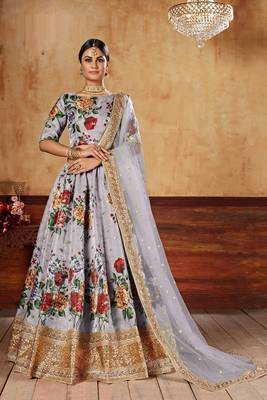Lavender Print Embroidered & Stone Work Silk Blend Semi Stitched Lehenga Set 1