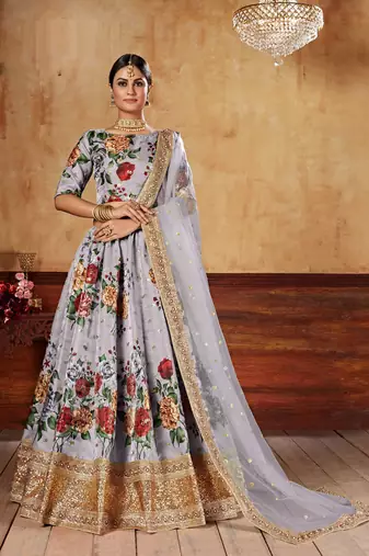 Lavender Print Embroidered & Stone Work Silk Blend Semi Stitched Lehenga Set