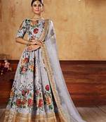 Lavender Print Embroidered & Stone Work Silk Blend Semi Stitched Lehenga Set
