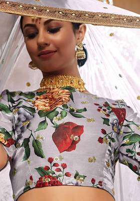 Lavender Print Embroidered & Stone Work Silk Blend Semi Stitched Lehenga Set 2