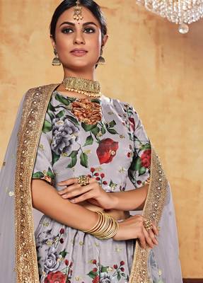 Lavender Print Embroidered & Stone Work Silk Blend Semi Stitched Lehenga Set 3