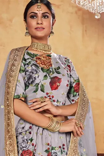 Lavender Print Embroidered & Stone Work Silk Blend Semi Stitched Lehenga Set