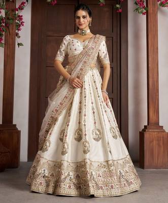 Cream Designer Embroidery With Hand Work Silk Blend Semi Stitched Lehenga Set 1