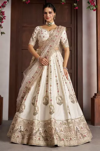 Cream Designer Embroidery With Hand Work Silk Blend Semi Stitched Lehenga Set