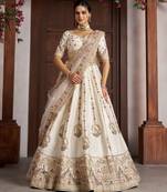 Cream Designer Embroidery With Hand Work Silk Blend Semi Stitched Lehenga Set