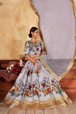 Lavender Print Embroidered & Stone Work Silk Blend Semi Stitched Lehenga Set 4