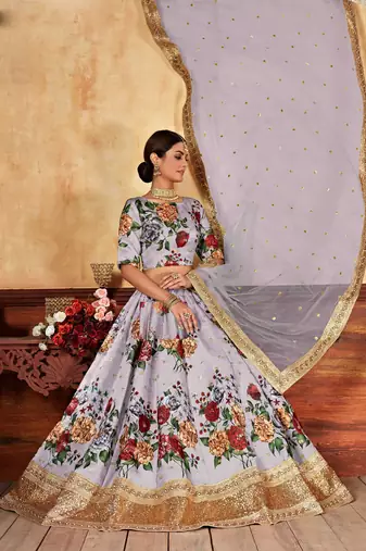 Lavender Print Embroidered & Stone Work Silk Blend Semi Stitched Lehenga Set