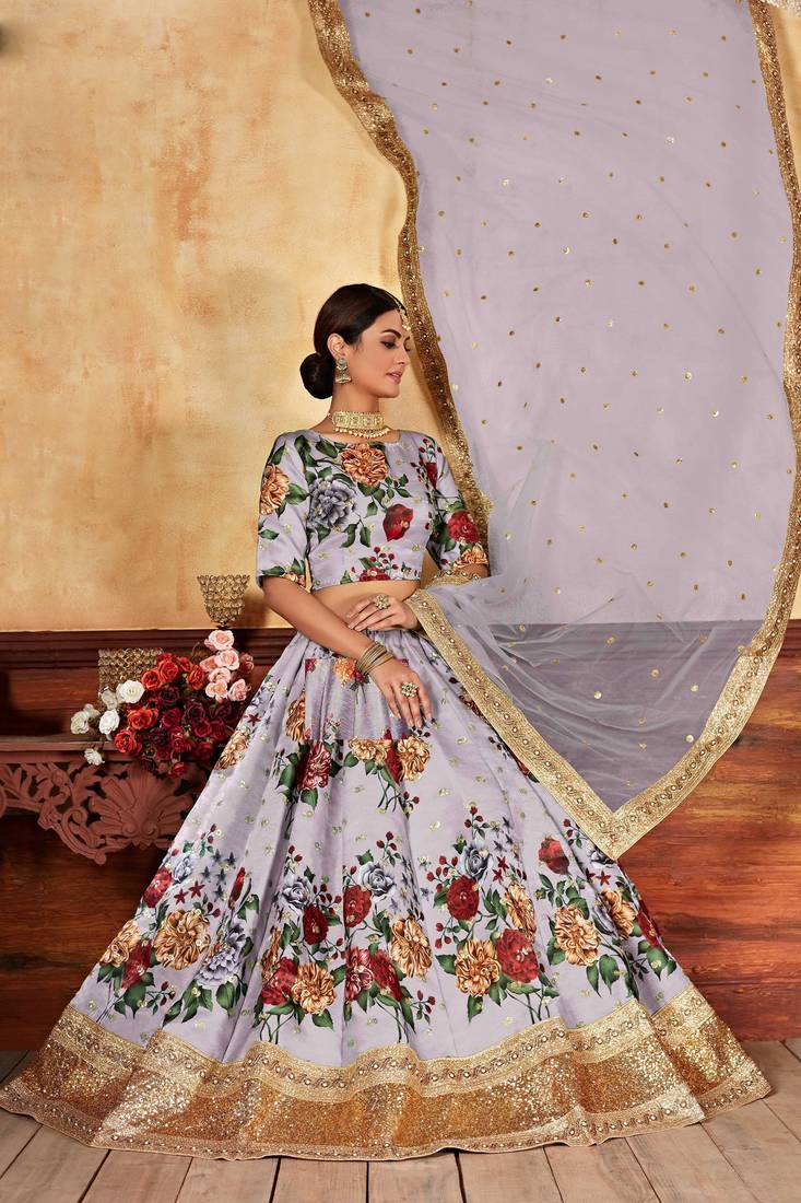 Lavender Print Embroidered & Stone Work Silk Blend Semi Stitched Lehenga Set