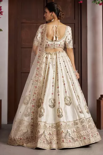 Cream Designer Embroidery With Hand Work Silk Blend Semi Stitched Lehenga Set