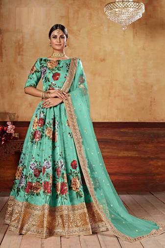 Tourquise Print Embroidered & Stone Work Silk Blend Semi Stitched Lehenga Set