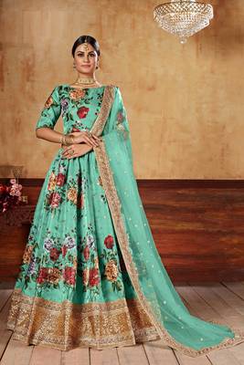 Tourquise Print Embroidered & Stone Work Silk Blend Semi Stitched Lehenga Set 1