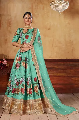 Tourquise Print Embroidered & Stone Work Silk Blend Semi Stitched Lehenga Set
